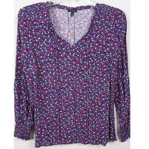 Talbots‎ Women's Large Long Sleeve V Neck Purple Red Print Rayon Blouse Top